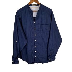 Caribbean Mens Navy Blue Linen Blend Mandarin Collar Stripe Shirt 2XB Big & Tall